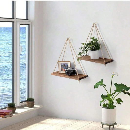 Tablette murale suspendue en bois et corde – 35 × 14 cm