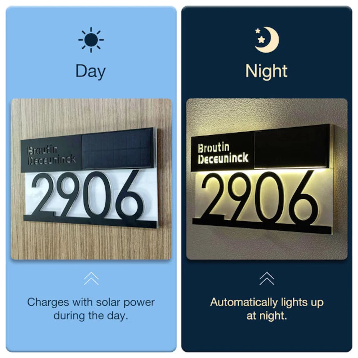 Plaque d'adresse solaire personnalisée, numéro civique lumineux LED