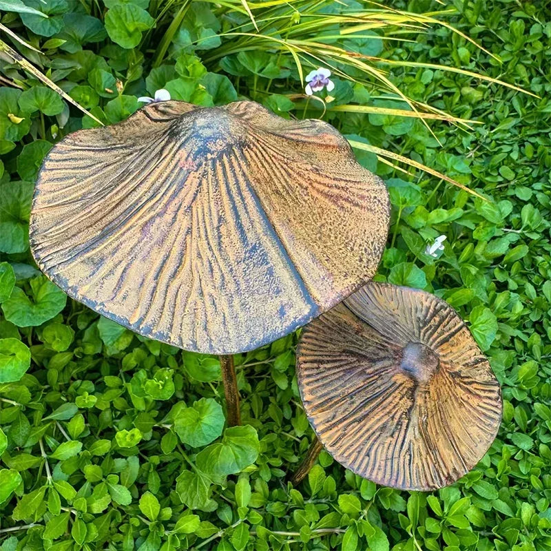 Decorative metal mushrooms, natural set for garden and patio