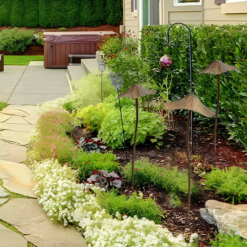 Decorative metal mushrooms, natural set for garden and patio
