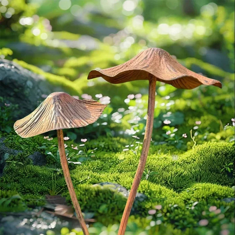 Decorative metal mushrooms, natural set for garden and patio