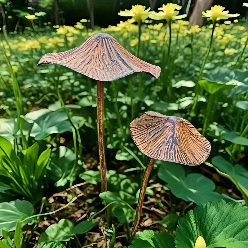 Decorative metal mushrooms, natural set for garden and patio