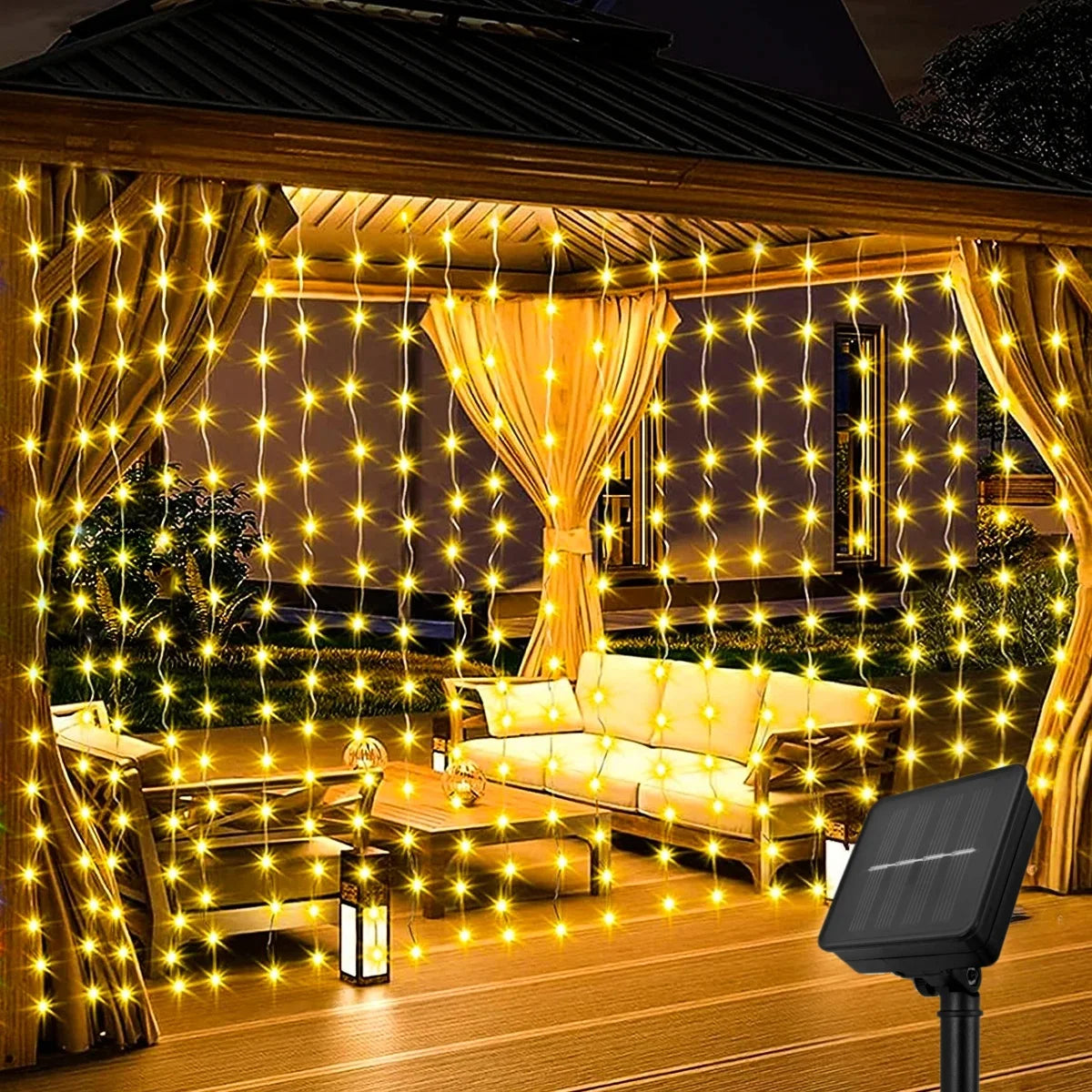 Guirlande solaire rideau - ambiance terrasse et pergola