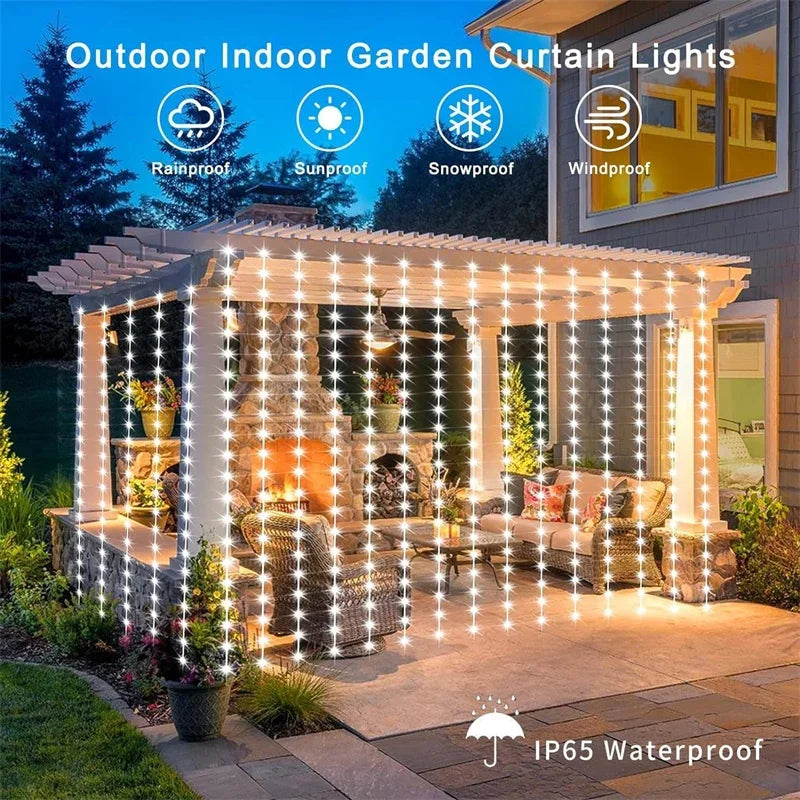 Guirlande solaire rideau - ambiance terrasse et pergola