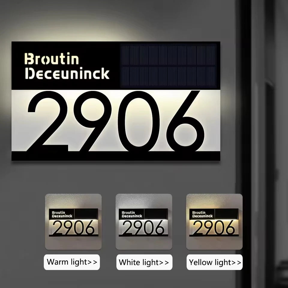 Plaque d'adresse solaire personnalisée, numéro civique lumineux LED