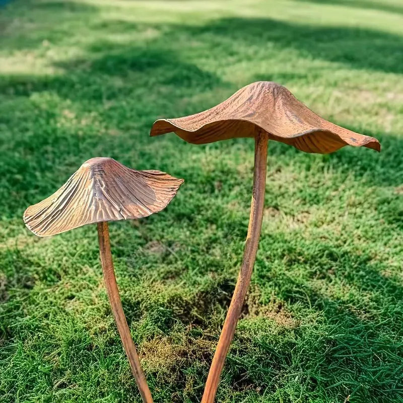Decorative metal mushrooms, natural set for garden and patio