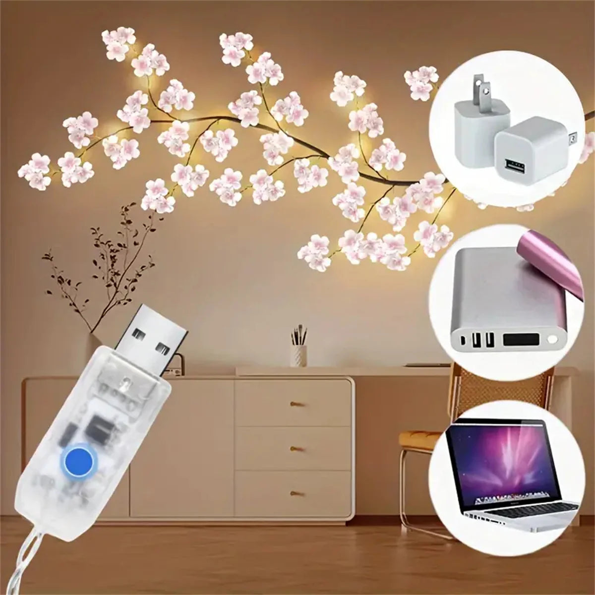 Branches lumineuses fleurs de cerisier – 96 DEL et 8 modes