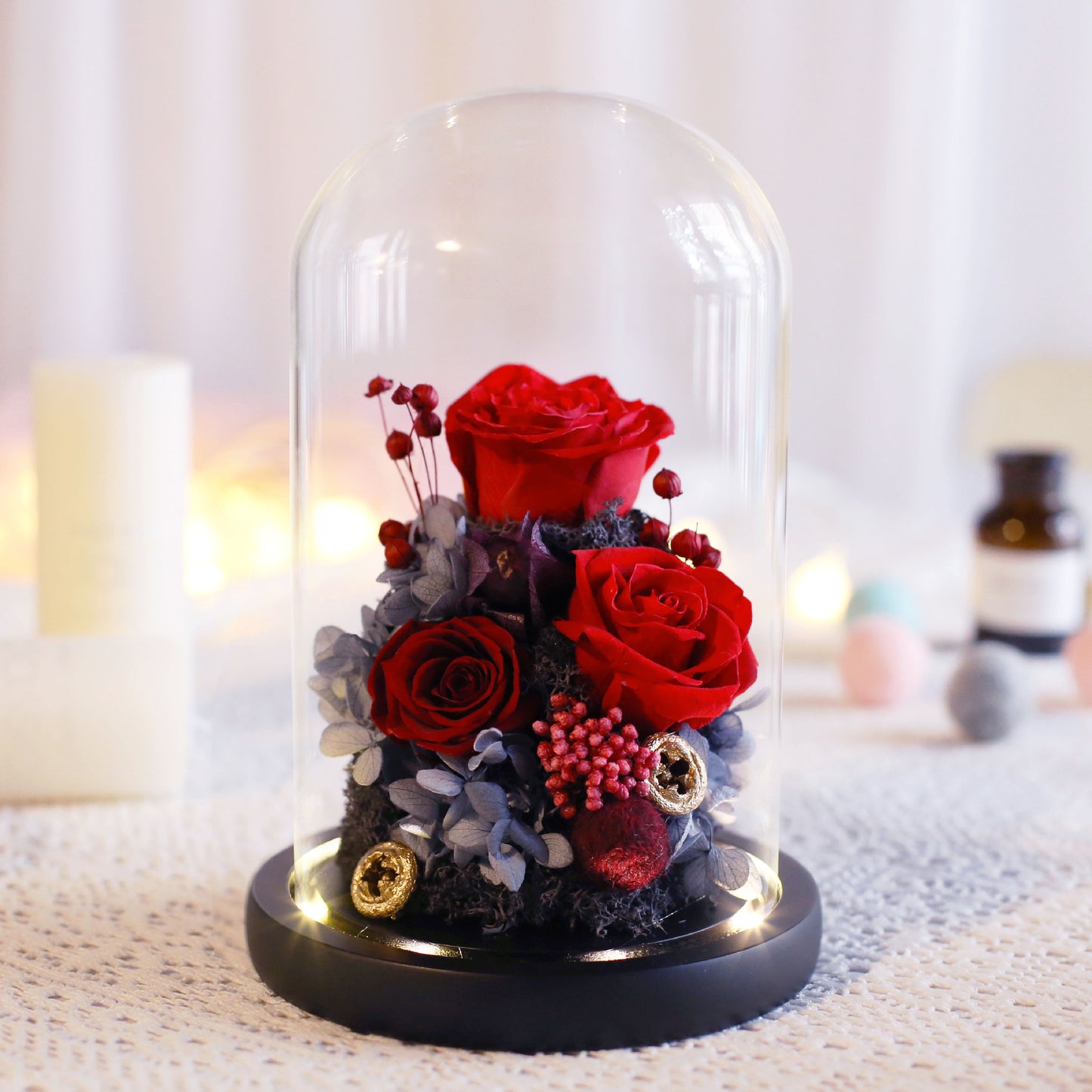 Immortal roses under glass dome.